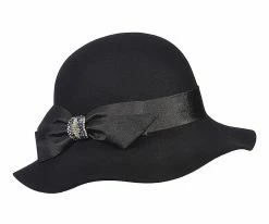 Madamoiselle - Callanan LV360 Coal Wool Felt Cloche Hat W/ Satin Bow & Rhinestones