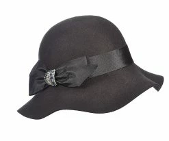 Madamoiselle - Callanan LV360 Coal Wool Felt Cloche Hat W/ Satin Bow & Rhinestones