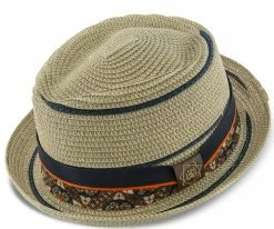 Joy - Santana Natural Tie Print Toyo Straw Fedora Hat Men