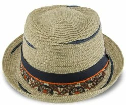 Joy - Santana Natural Tie Print Toyo Straw Fedora Hat Men