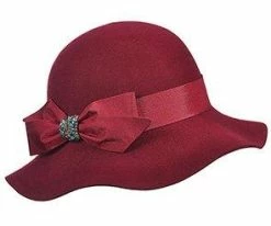 Madamoiselle - Callanan LV360 Coal Wool Felt Cloche Hat W/ Satin Bow & Rhinestones