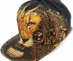 Men Aztec - Santana Black Lion Print Flat Bill Snap Back Baseball Cap
