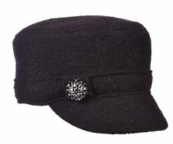 Men Elizabeth - Scala LW612 Olive Boiled Wool Cadet Cap W/ Jeweled Brooch