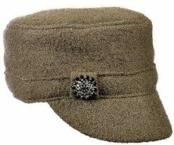 Men Elizabeth - Scala LW612 Olive Boiled Wool Cadet Cap W/ Jeweled Brooch