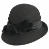 Men The Kinsey - Scala LF170 Black Wool Felt Cloche Hat W/ Velvet Bow & Adjustable Drawstring