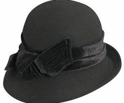 Men The Kinsey - Scala LF170 Black Wool Felt Cloche Hat W/ Velvet Bow & Adjustable Drawstring