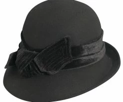 Men The Kinsey - Scala LF170 Black Wool Felt Cloche Hat W/ Velvet Bow & Adjustable Drawstring