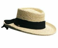 Men Kombucha - Scala LR241OS Natural Crocheted Raffia Straw Gambler Hat W/ Oyster Crinkle Cloth Band