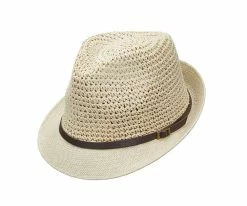 Brand new ⌛ Scala LT200 Natural Crocheted Toyo Straw Fedora Hat Men ⌛ 9 Scala LT200 Natural Crocheted Toyo Straw Fedora Hat Men